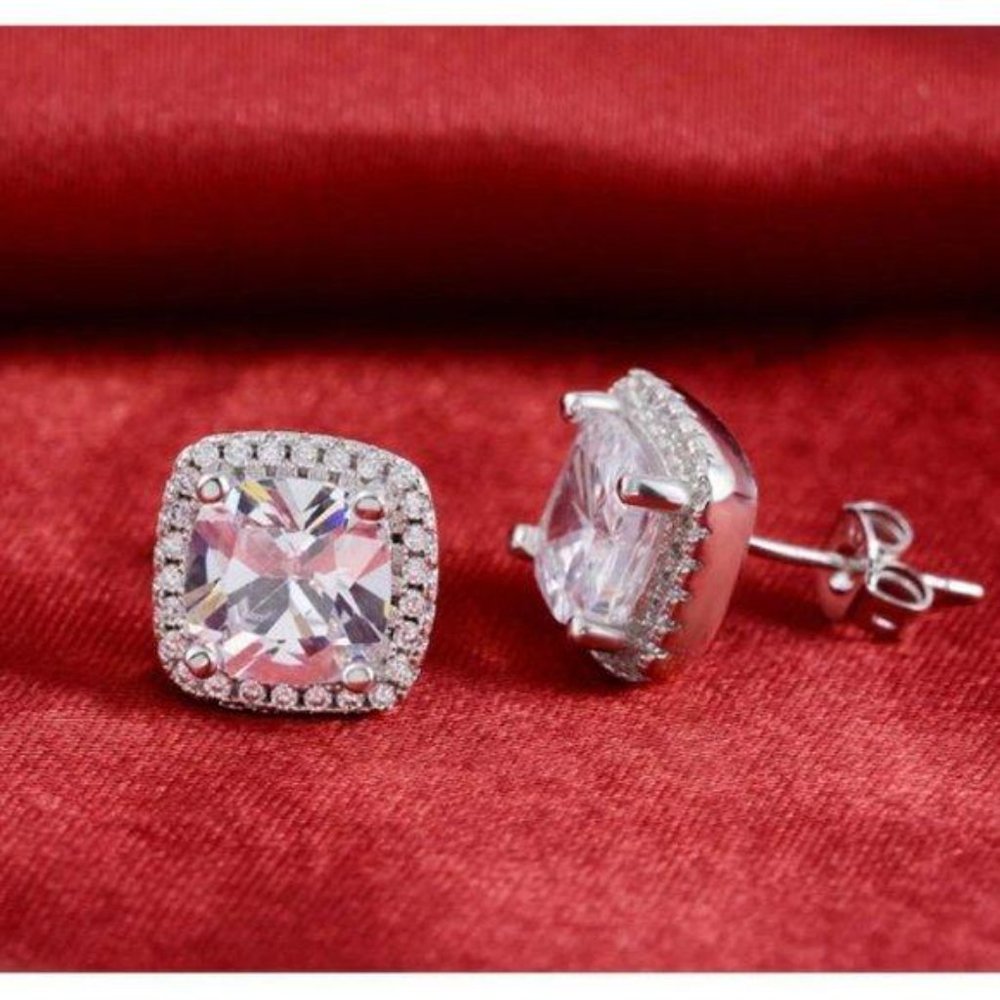 NEW Silver Cushion Diamond Halo Stud Earrings - Picture 6 of 7